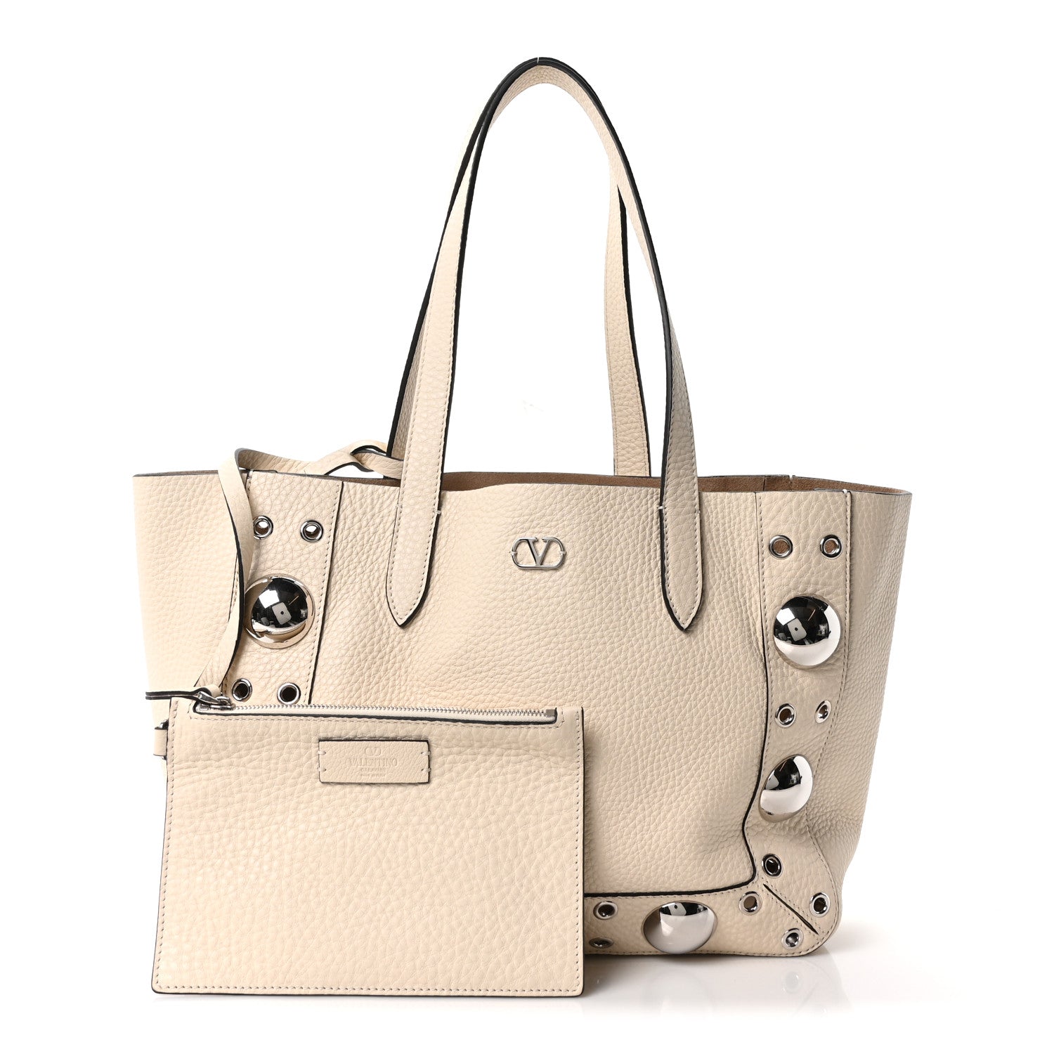 Grainy Calfskin Studded Small Nellcote Shopping Tote White