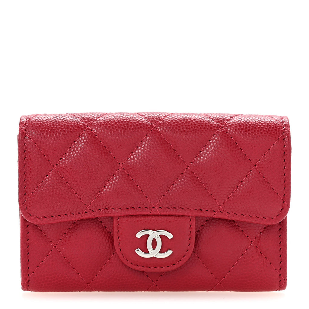 Caviar Quilted Flap Card Holder Wallet Dark Pink