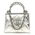 Metallic Lambskin Quilted Mini Chain CC Top Handle Clutch With Chain Silver