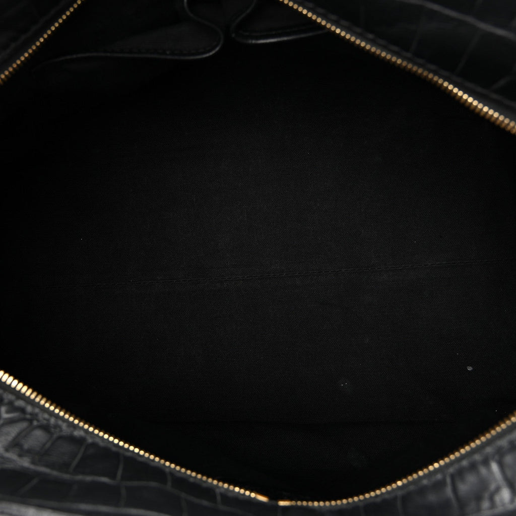 Calfskin Crocodile Embossed Large Skull Padlock Zip Around Tote Black