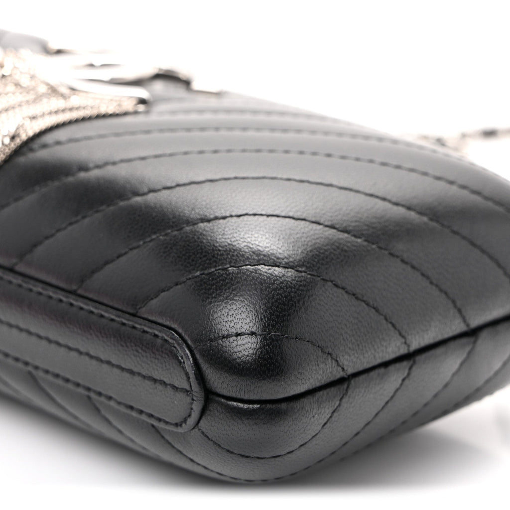 Lambskin Chevron Quilted CC Fringe Clutch Black