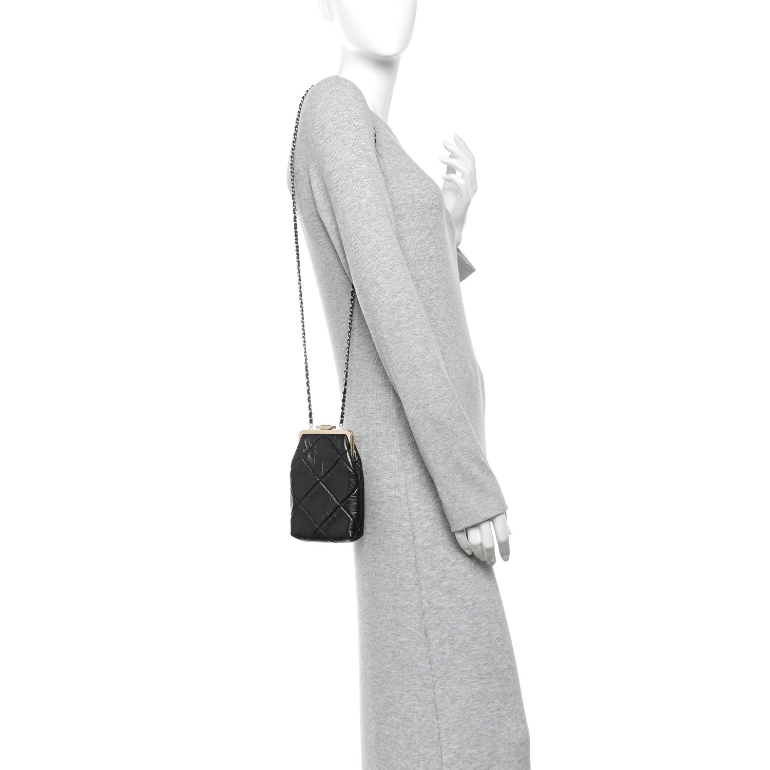 Shiny Aged Lambskin Quilted Kiss Lock Clutch With Chain Black