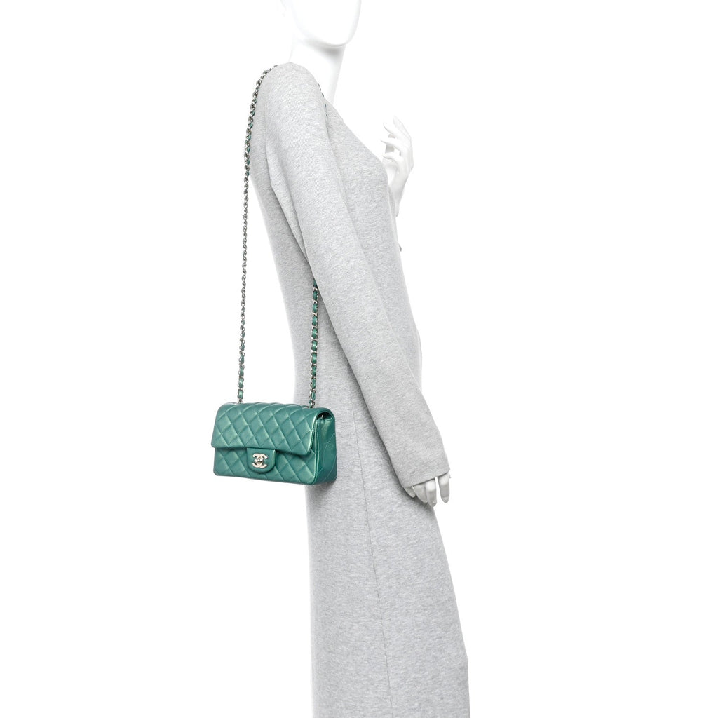 Iridescent Lambskin Quilted Mini Rectangular Flap Green