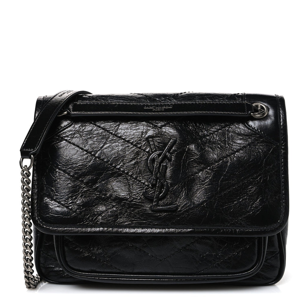 Crinkled Calfskin Matelasse Monogram Baby Niki Chain Satchel Black