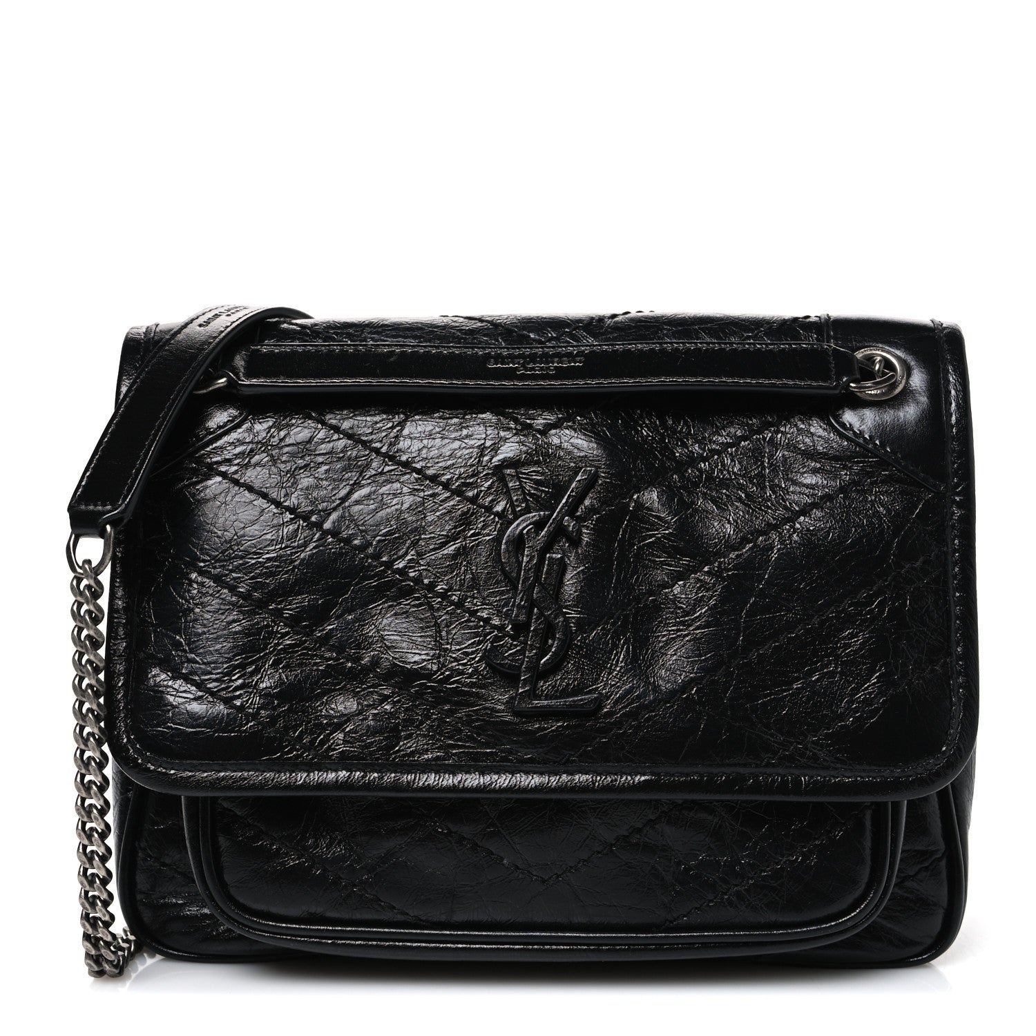 Crinkled Calfskin Matelasse Monogram Baby Niki Chain Satchel Black