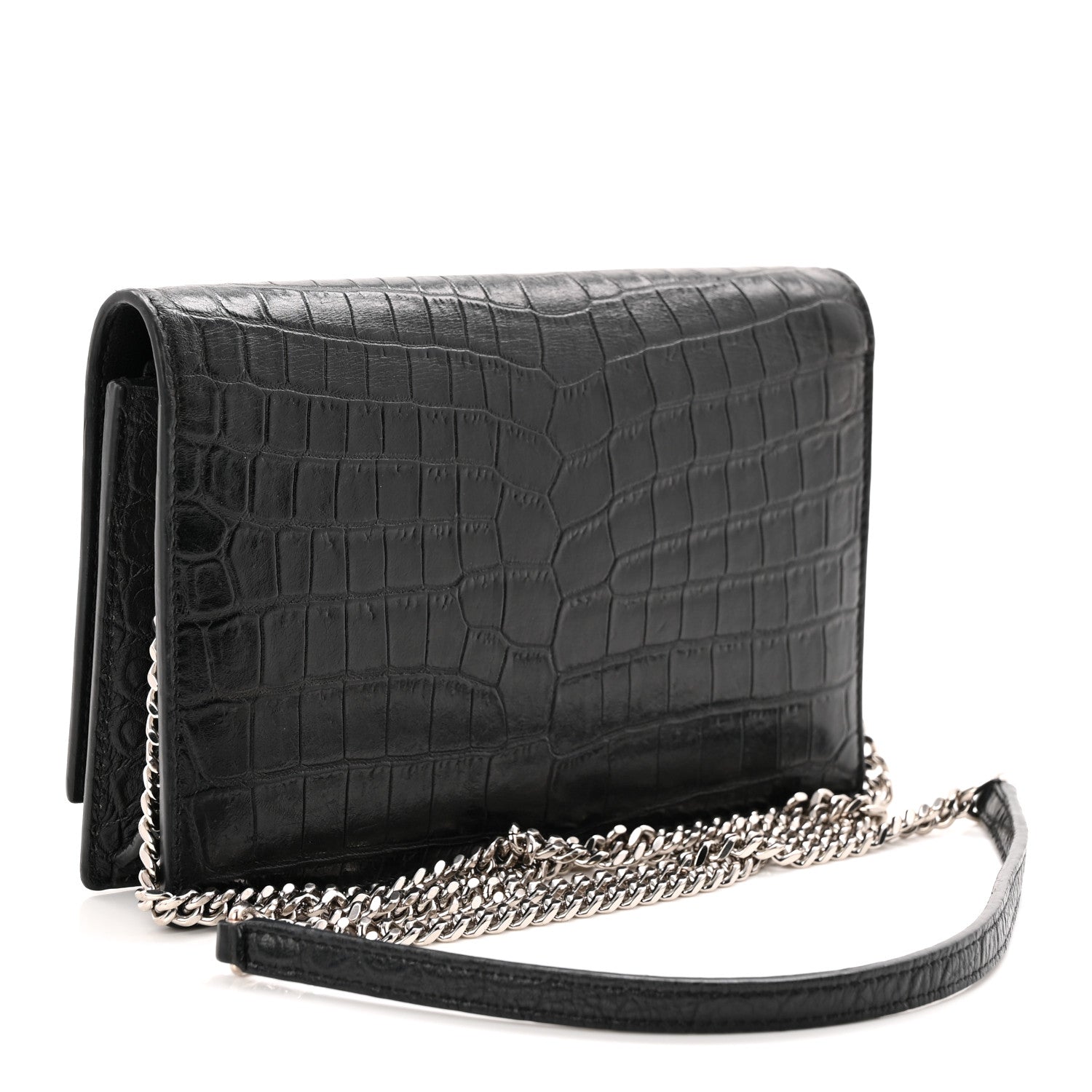 Calfskin Crocodile Embossed Kate Monogram Tassel Chain Wallet Black