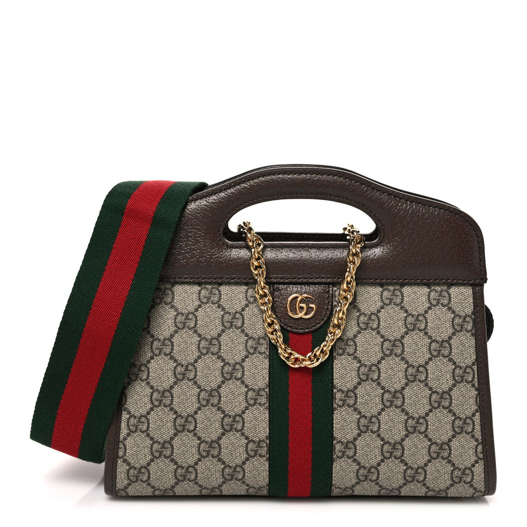 GG Supreme Monogram Textured Dollar Calfskin Web Small Ophidia Slip Handle Tote Beige Ebony New Acero