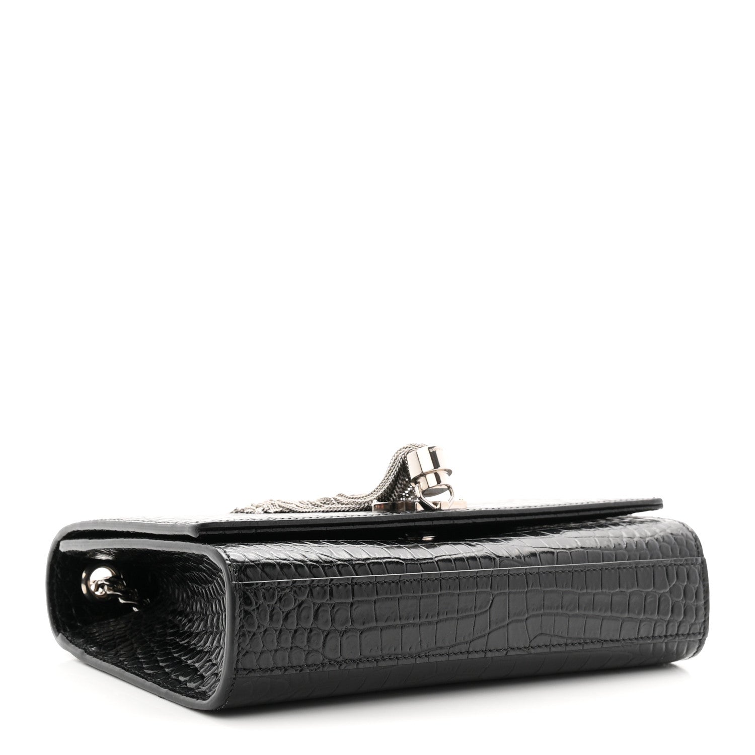 Calfskin Crocodile Embossed Small Classic Monogram Kate Tassel Satchel Black