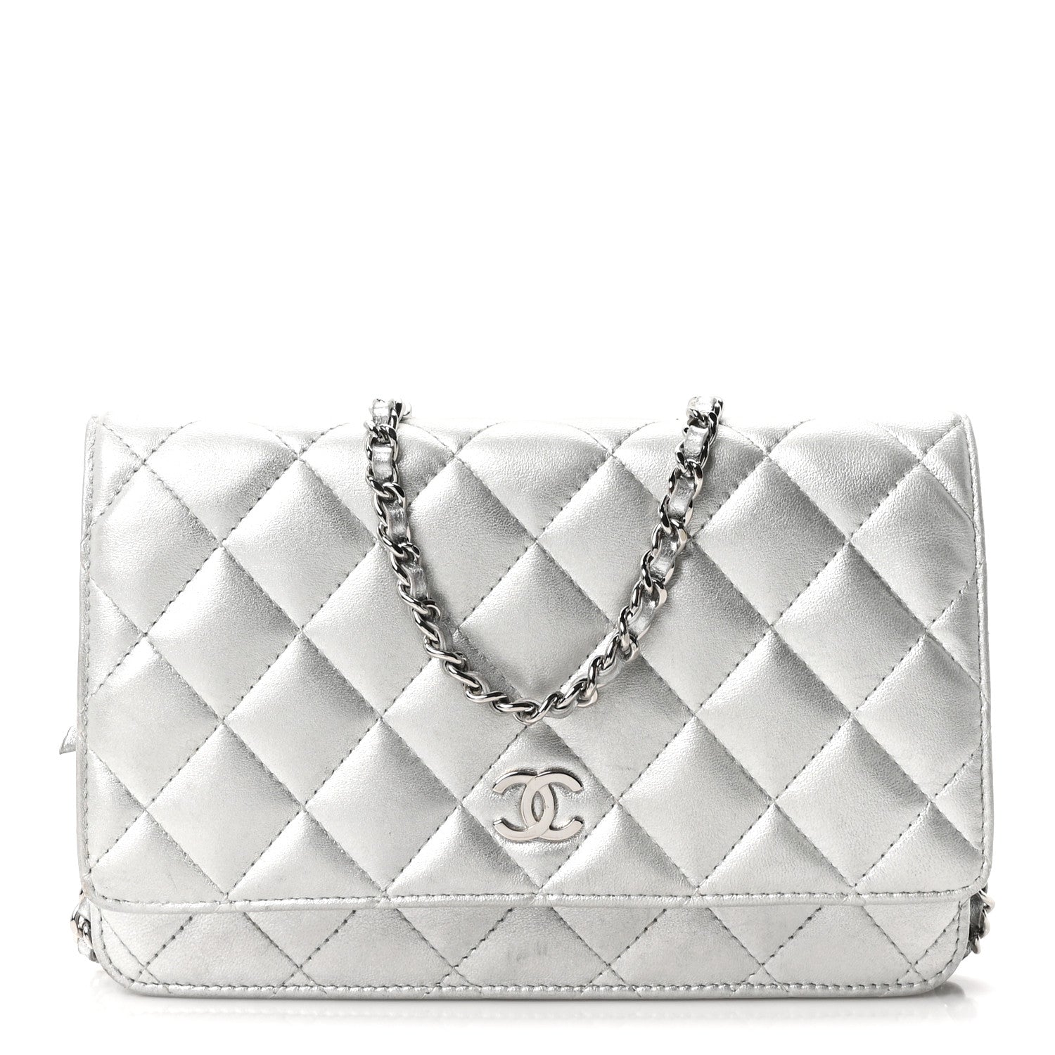 Metallic Lambskin Quilted Wallet On Chain WOC Silver
