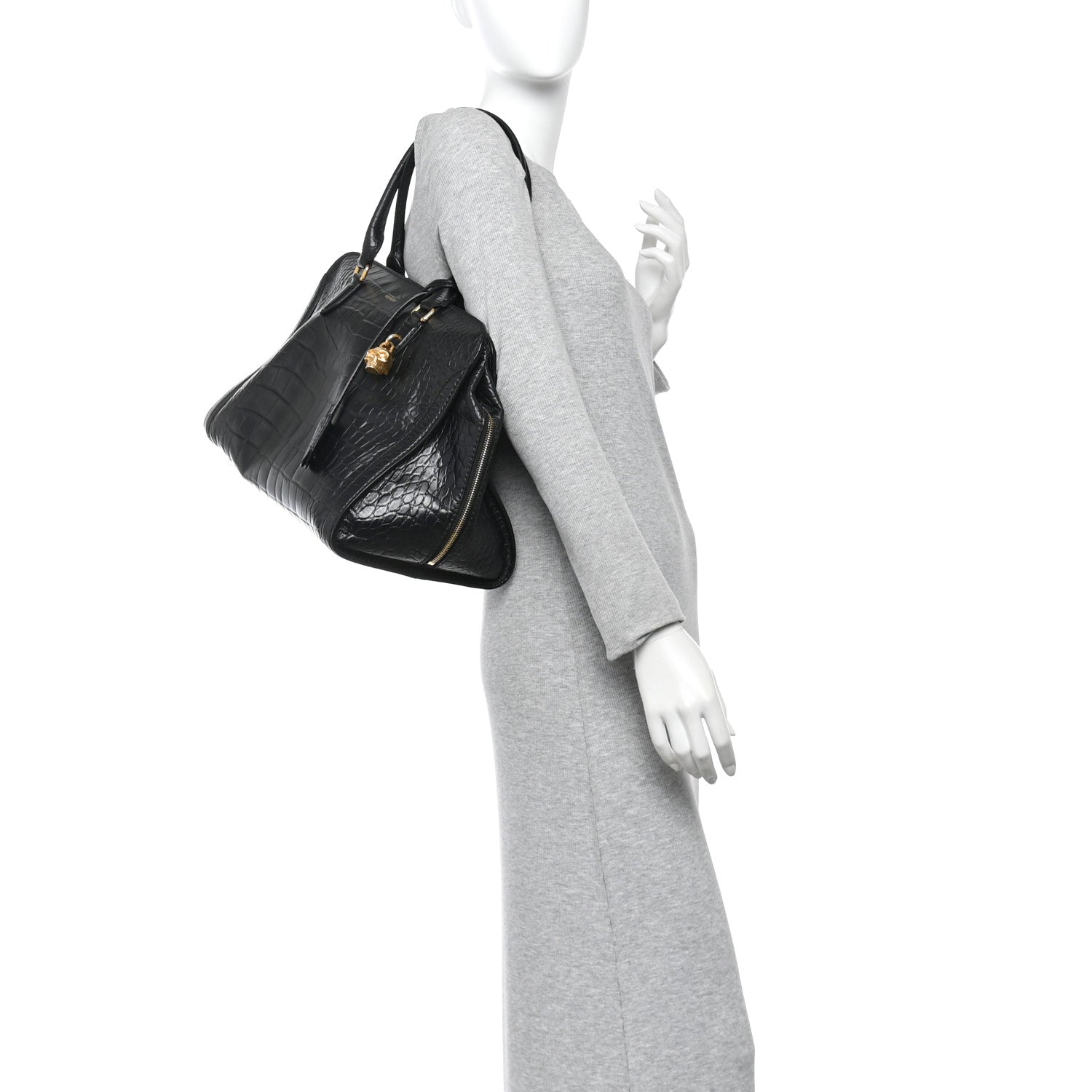 Calfskin Crocodile Embossed Large Skull Padlock Zip Around Tote Black