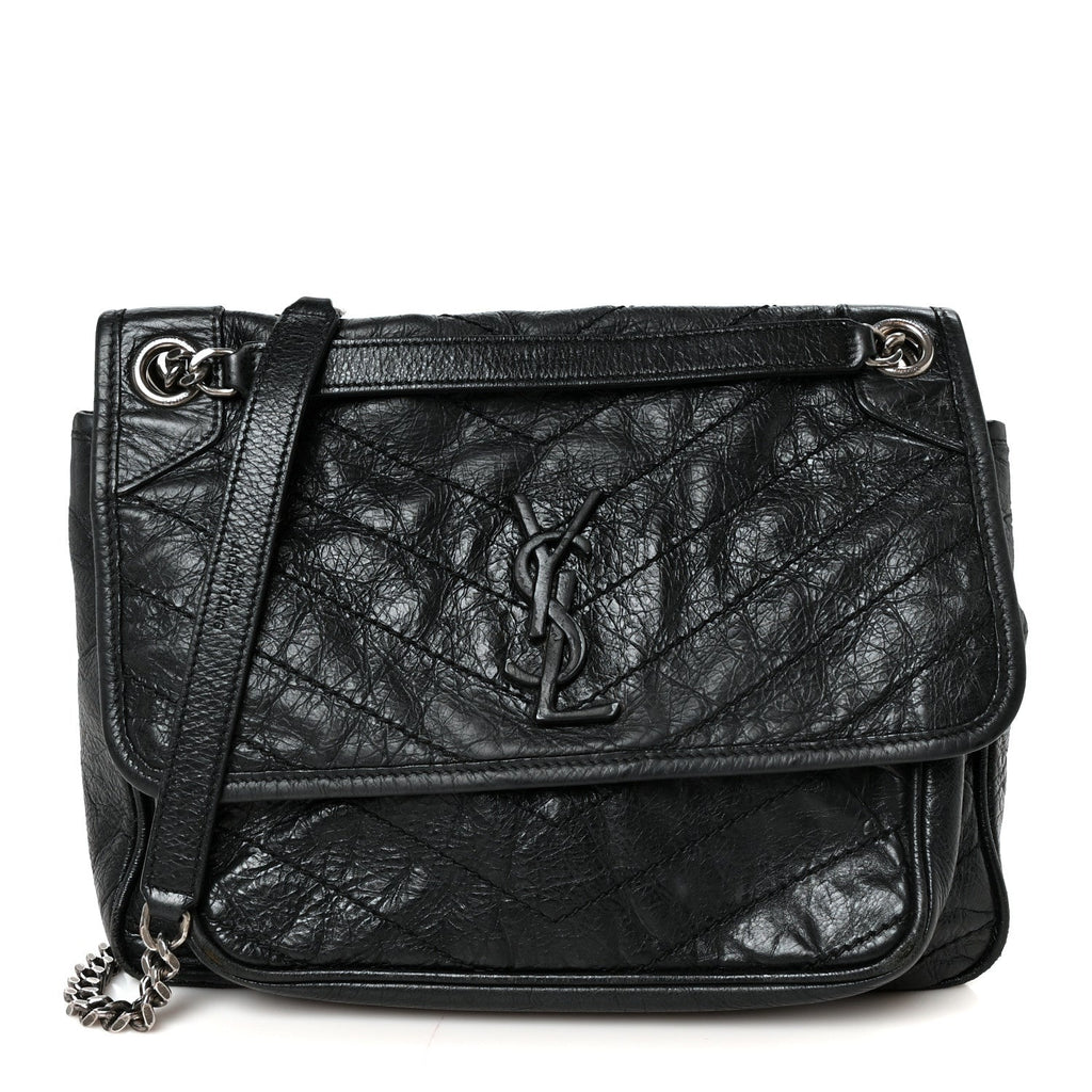Crinkled Calfskin Matelasse Monogram Medium Niki Chain Satchel Black