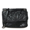 Crinkled Calfskin Matelasse Monogram Medium Niki Chain Satchel Black