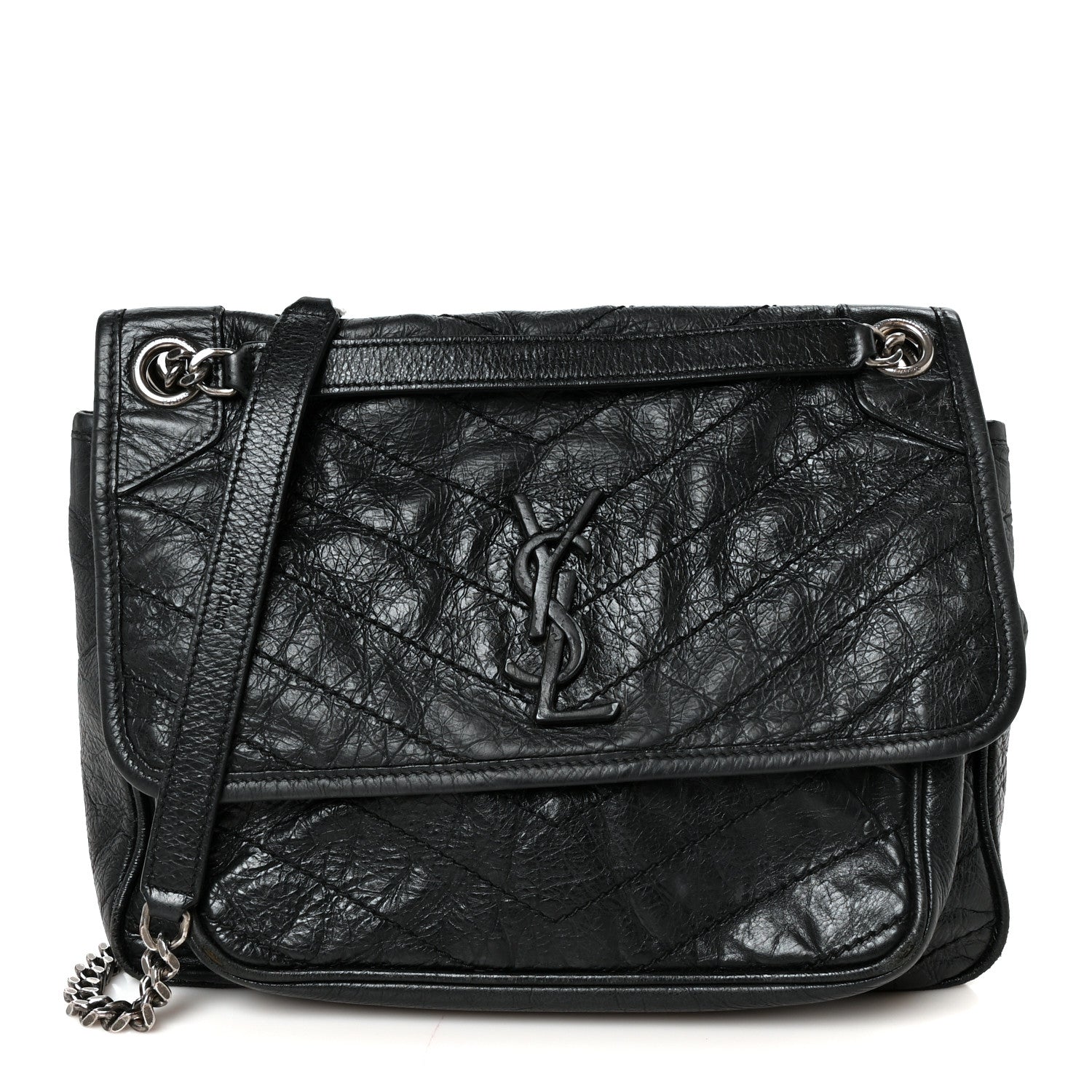 Crinkled Calfskin Matelasse Monogram Medium Niki Chain Satchel Black
