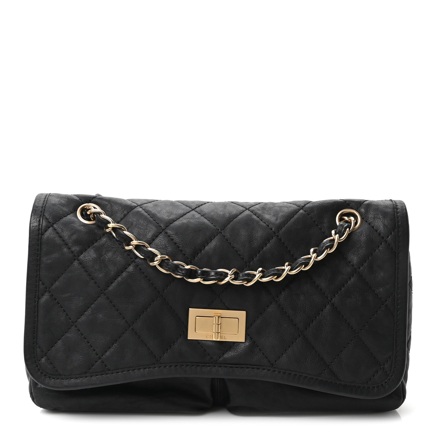 Aged Calfskin Quilted 2.55 Reissue Chain Flap  Black