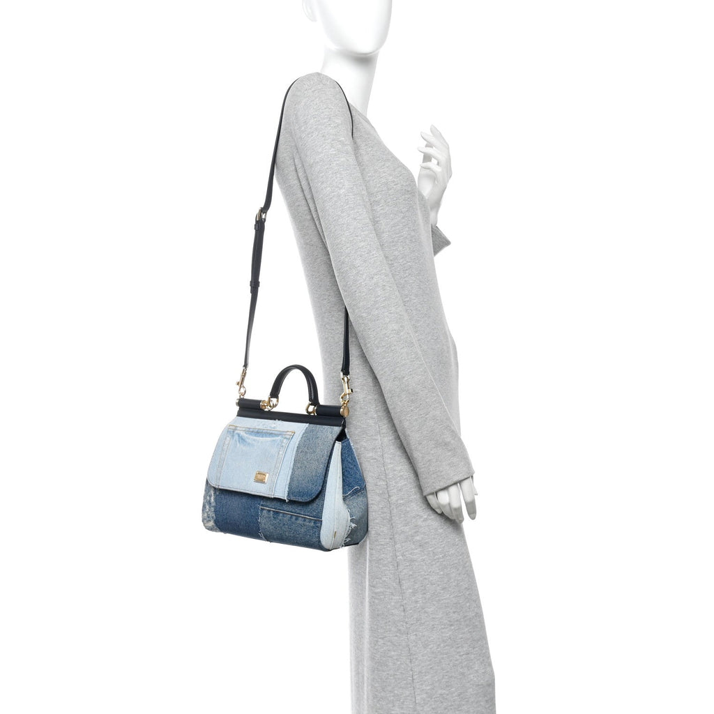 Calfskin Denim Patchwork Medium Miss Sicily Satchel Blue