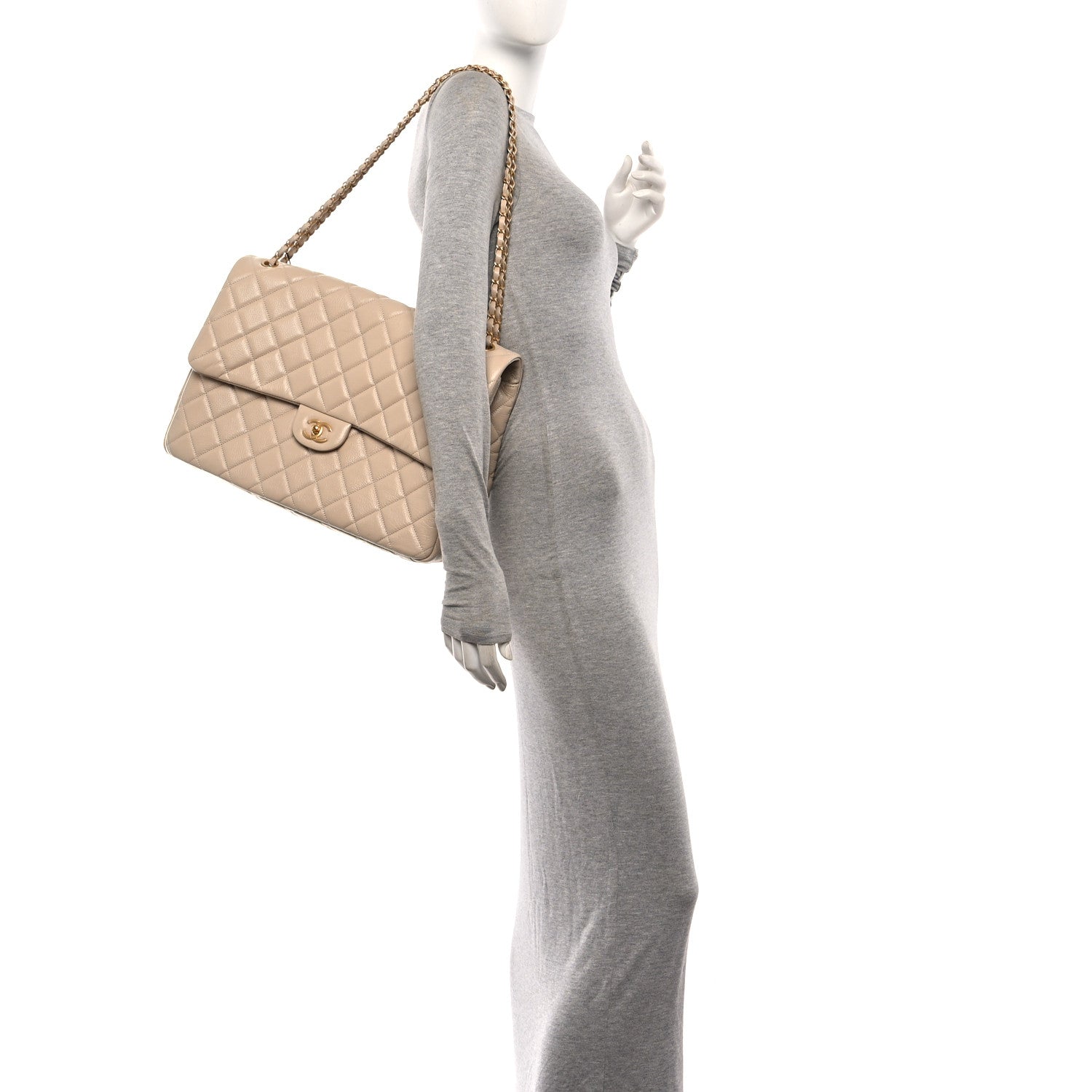 Grained Calfskin Quilted XXL Travel Flap Bag Beige