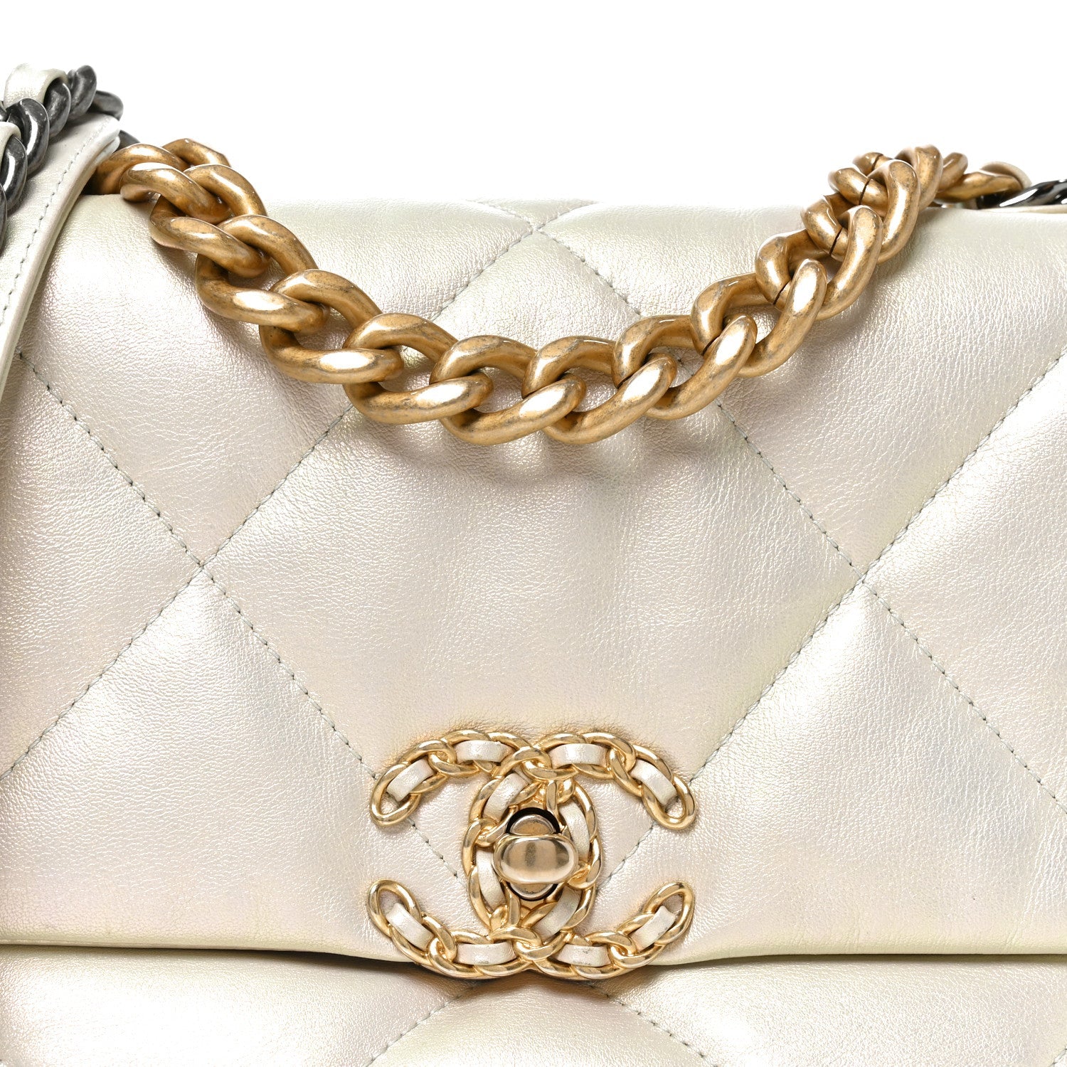 Iridescent Calfskin Quilted Medium Chanel 19 Flap White