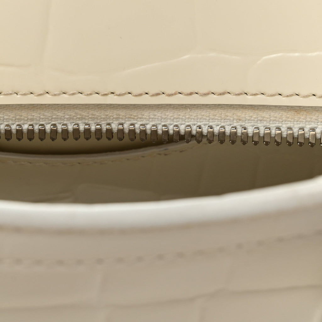 Semi Shiny Calfskin Crocodile Embossed Neo Classic Silver Hardware Nano City Crossbody White