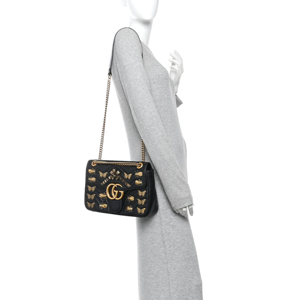 Calfskin Matelasse Animal Studs Medium GG Marmont Shoulder Bag Black