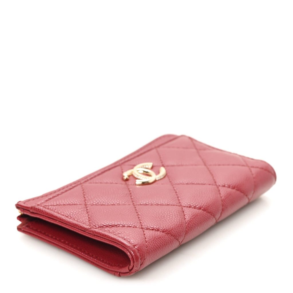 Caviar Quilted Crystal CC Zip Around Card Holder Red
