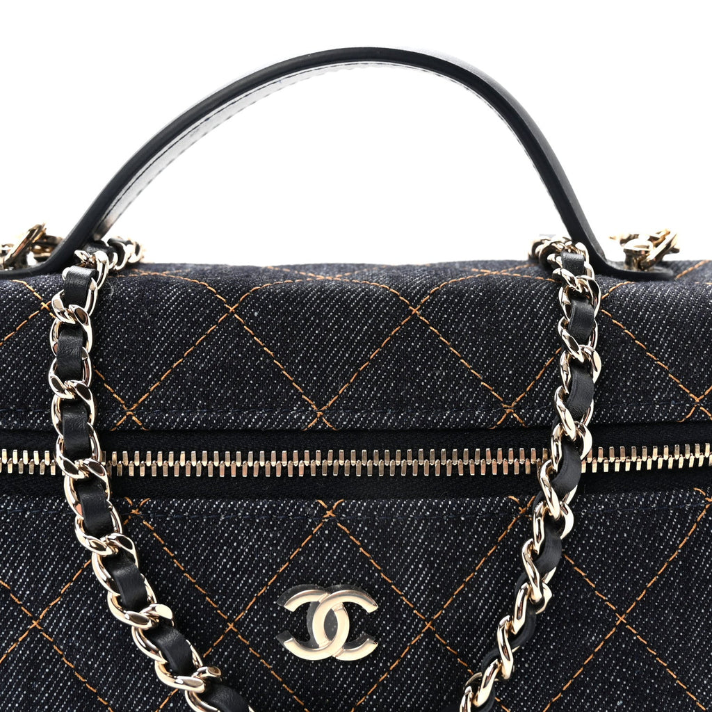 Denim Quilted Top Handle Slim Vanity Case With Chain Dark Blue Orange