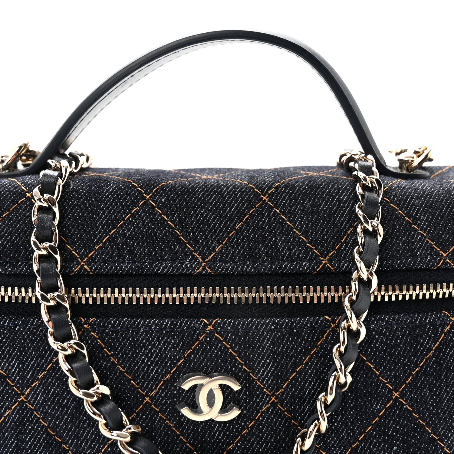 Denim Quilted Top Handle Slim Vanity Case With Chain Dark Blue Orange