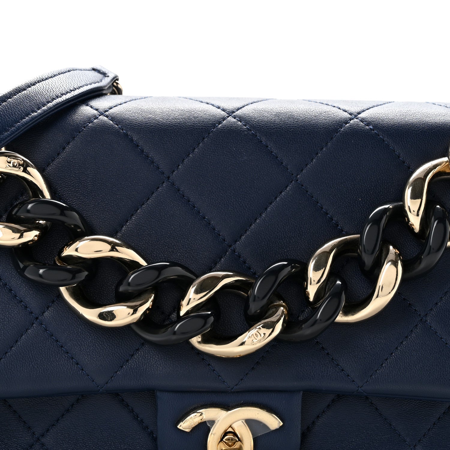 Lambskin Quilted Resin Bi-Color Chain Flap Bag Navy