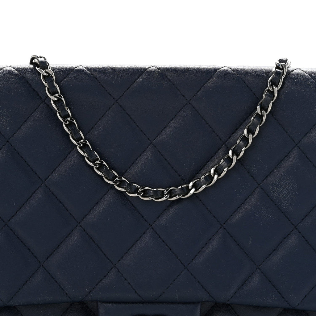 Lambskin Quilted Clutch with Chain Flap Navy