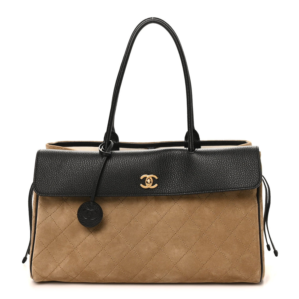 Grained Calfskin Suede Urban Essentials Large Shopping Bag Dark Beige Black Dark Beige Black