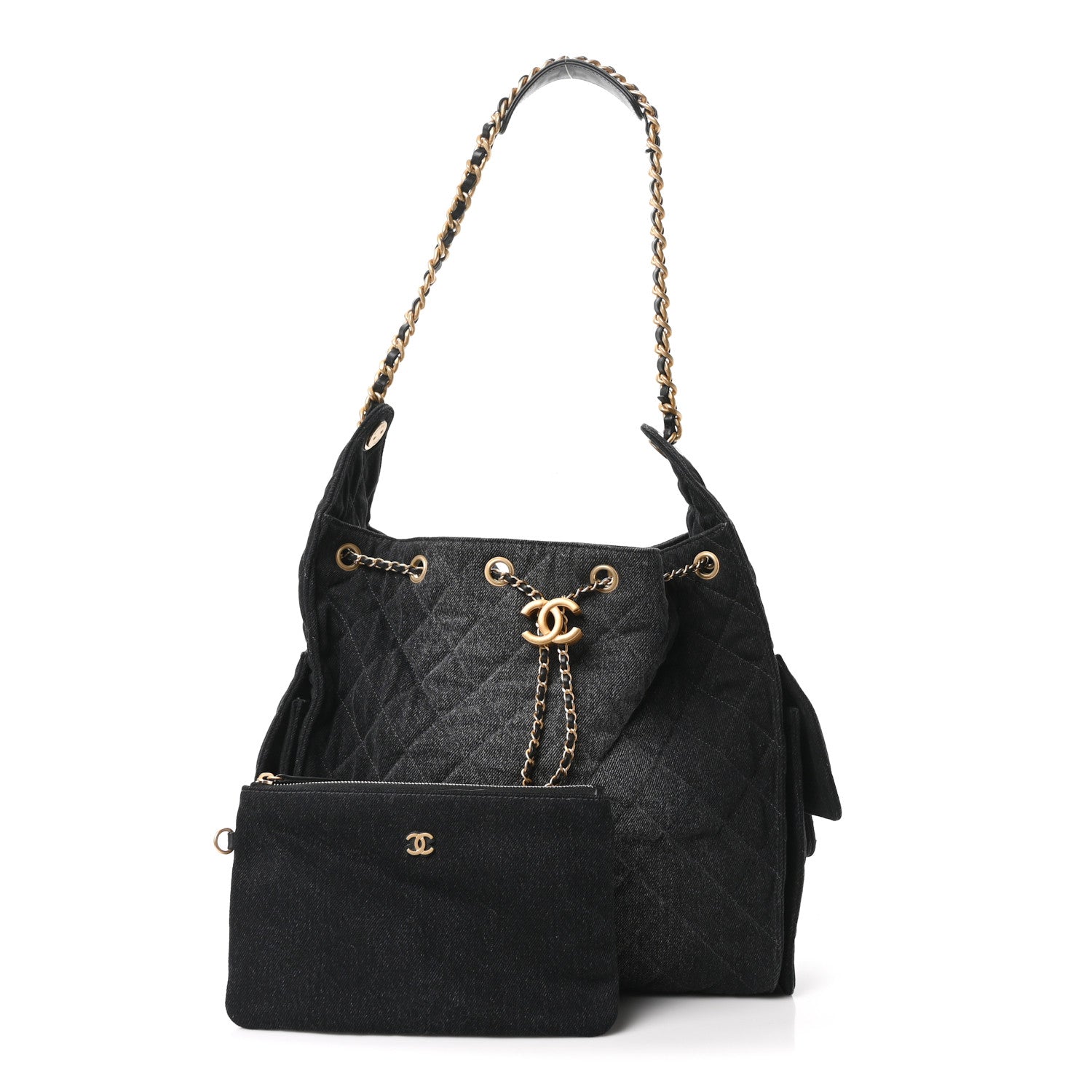 Washed Denim Quilted Medium Chanel 25 Handbag Black