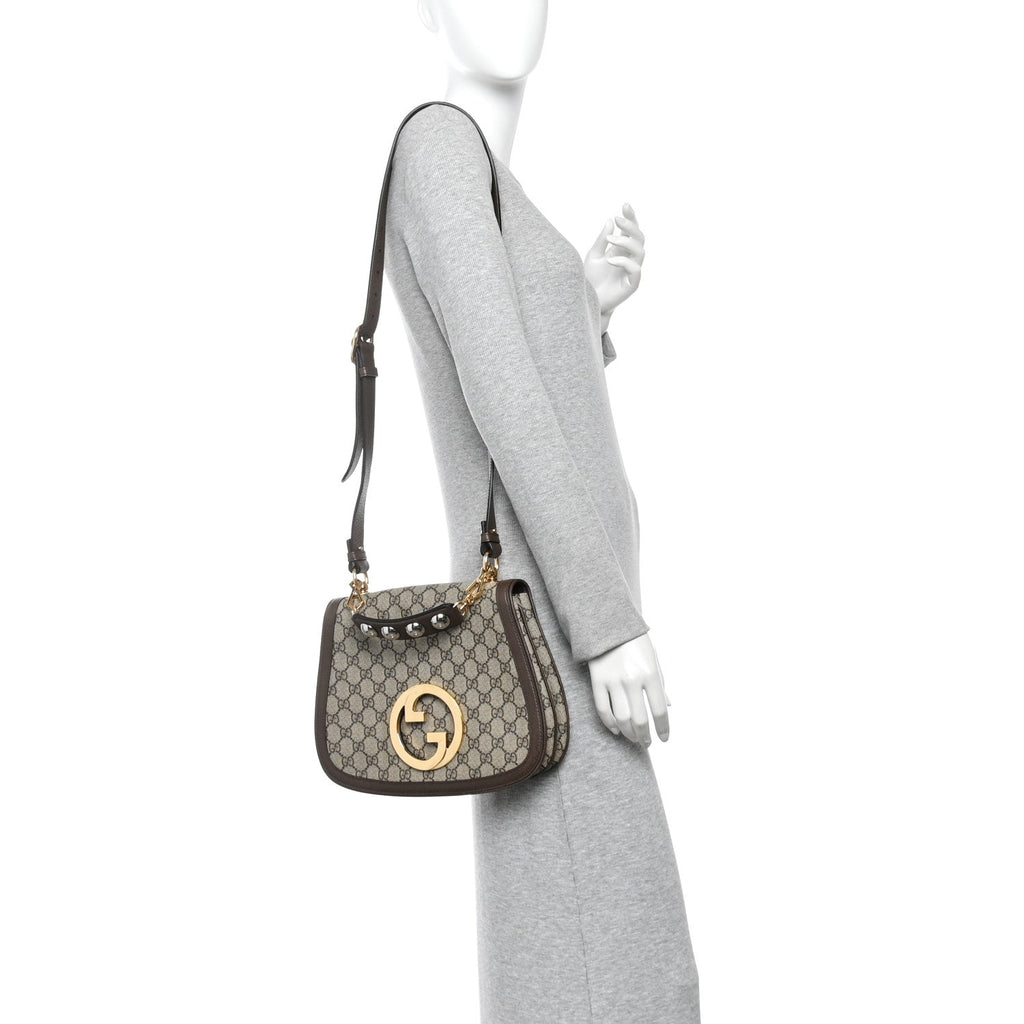 GG Supreme Monogram Textured Dollar Calfskin Web Medium Blondie Top Handle Shoulder Flap Bag Beige Ebony New Acero