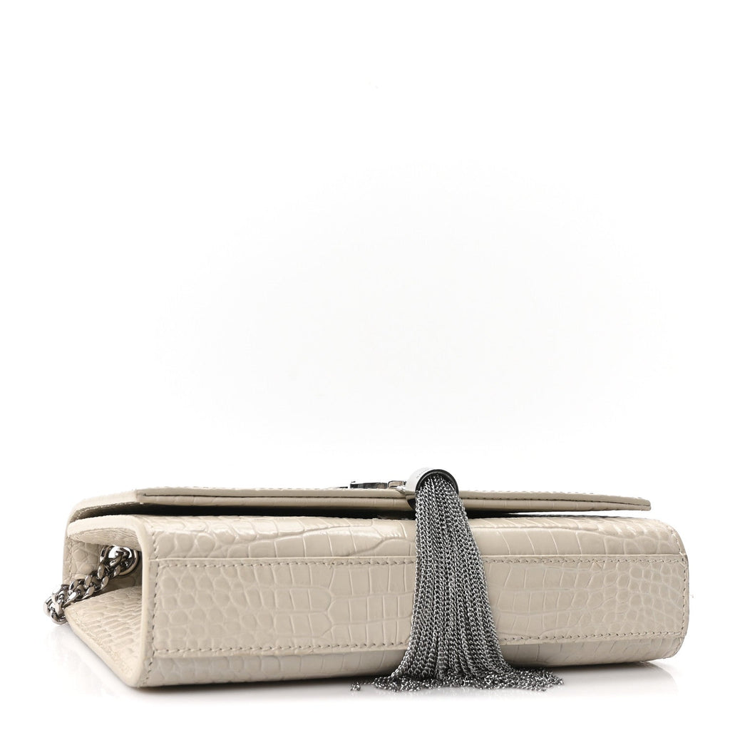 Calfskin Crocodile Embossed Small Classic Monogram Kate Tassel Satchel Blanc Vintage