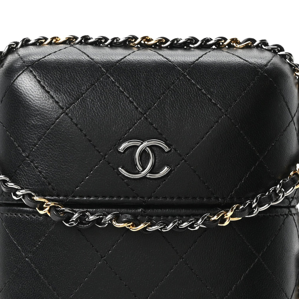 Lambskin Quilted Chain Around Phone Holder Black