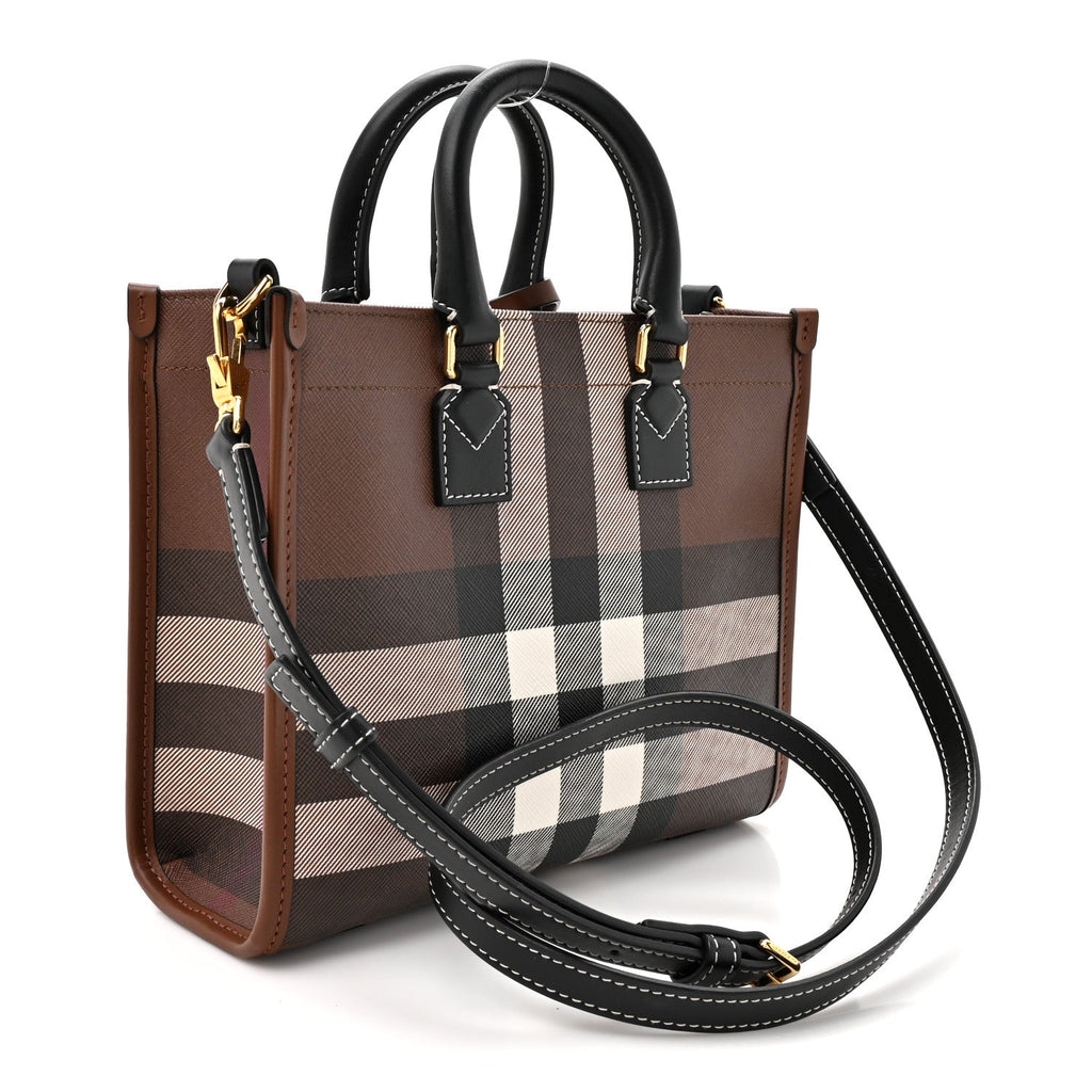 E-Canvas Check Calfskin Mini Freya Tote Dark Birch Brown