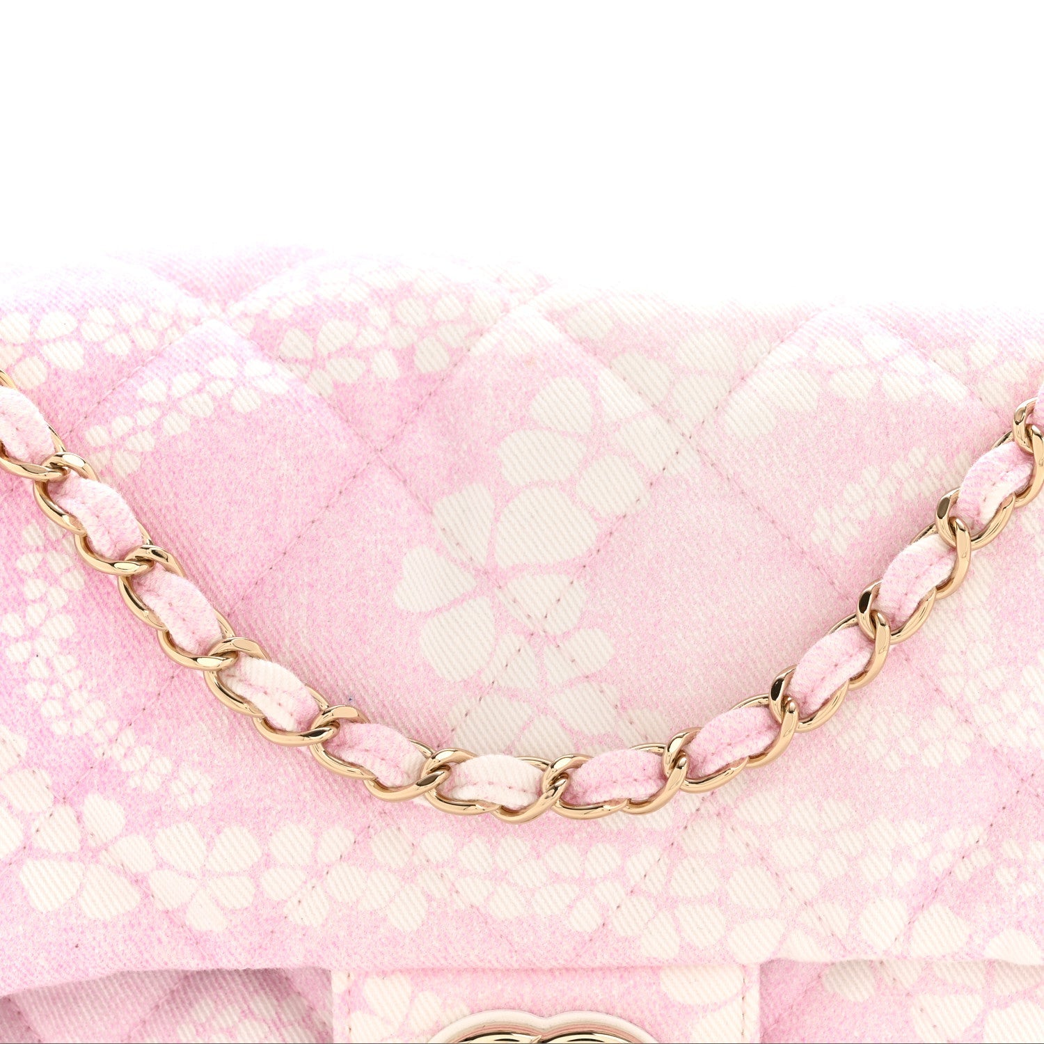 Printed Denim Quilted Medium Single Flap Bag Pink White Pink White