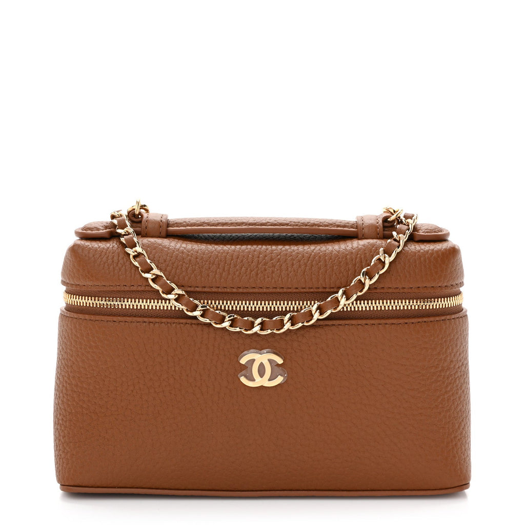 Grained Calfskin Top Handle Slim Vanity Case With Chain Camel Camel