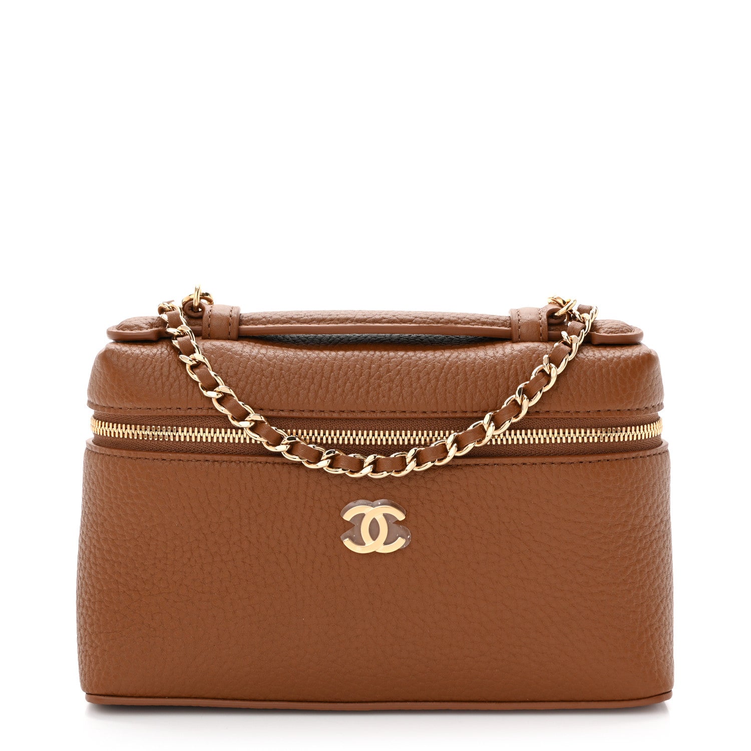 Grained Calfskin Top Handle Slim Vanity Case With Chain Camel Camel