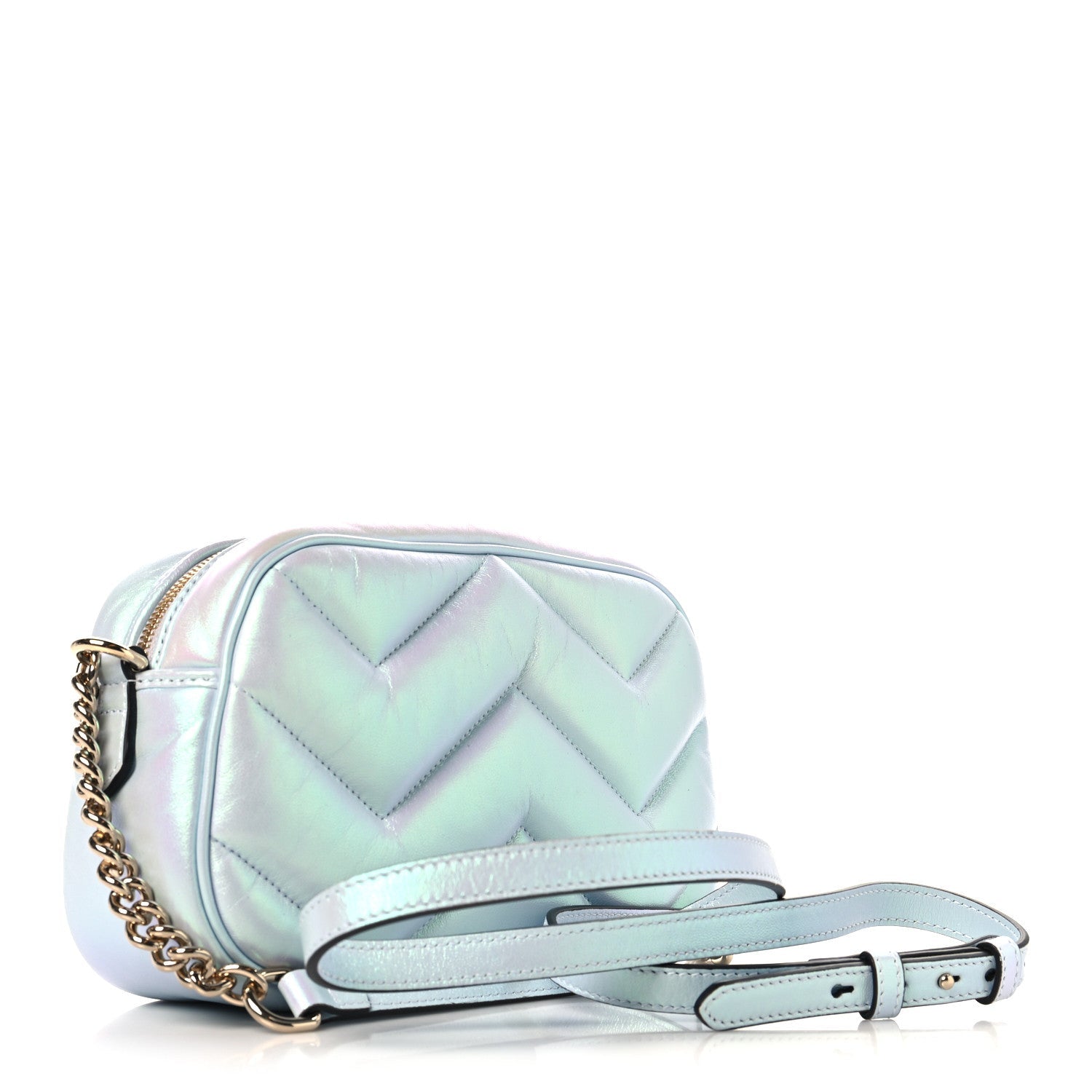 Iridescent Nappa Chevron Matelasse Small GG Marmont Chain Shoulder Bag Iridescent Snow Light Blue