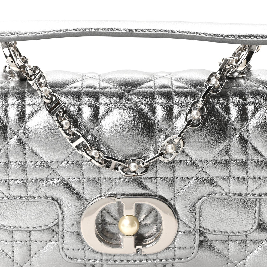 Metallic Lambskin Cannage Mini Jolie Top Handle Bag Silver
