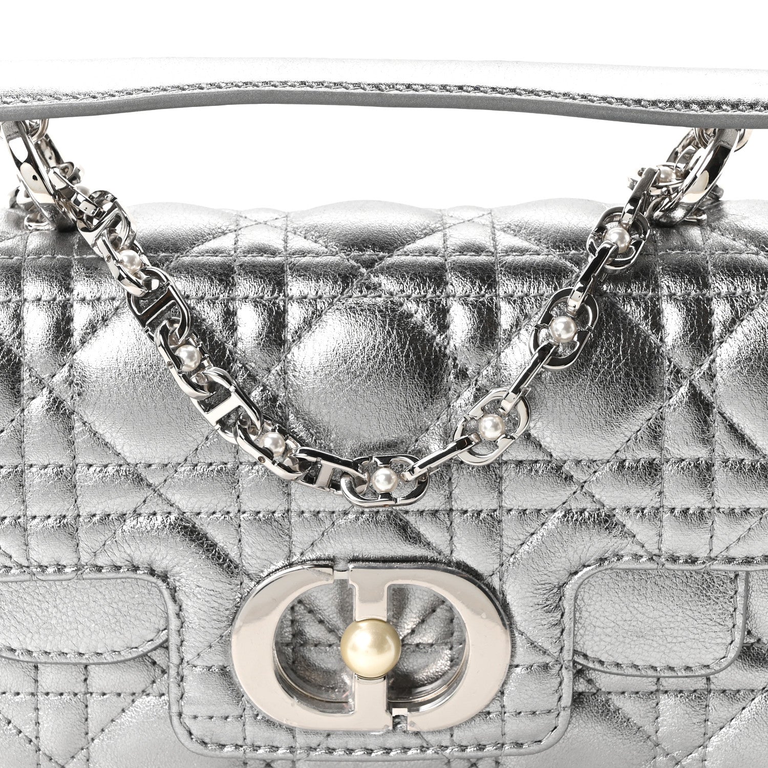 Metallic Lambskin Cannage Mini Jolie Top Handle Bag Silver