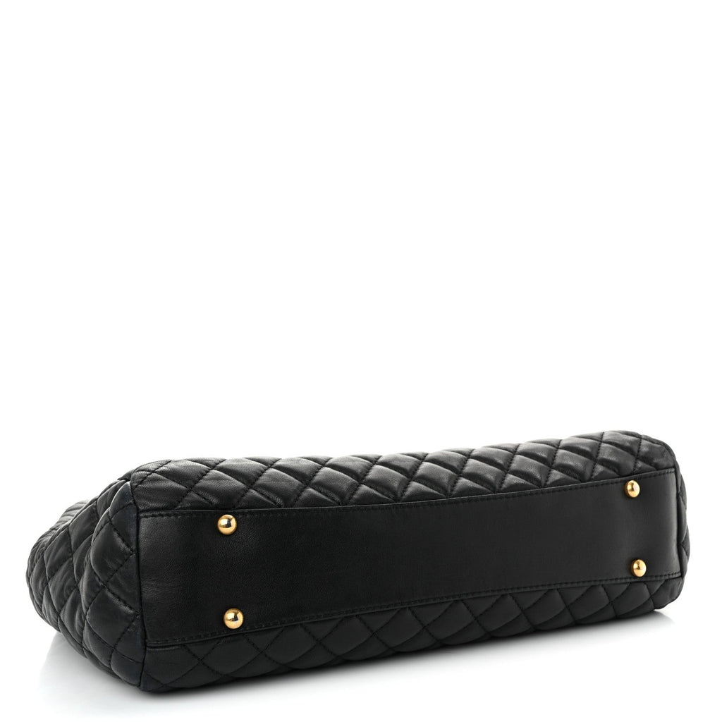 Lambskin Quilted Large Fluffy CC Shopping Tote Black