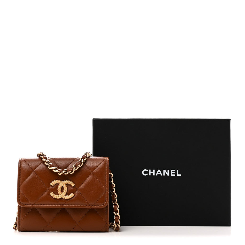 Lambskin Quilted Studded CC Clutch With Chain Brown