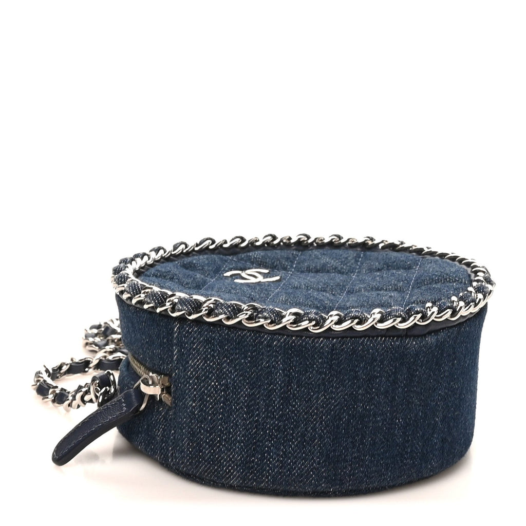 Denim Quilted Round Clutch With Chain Blue