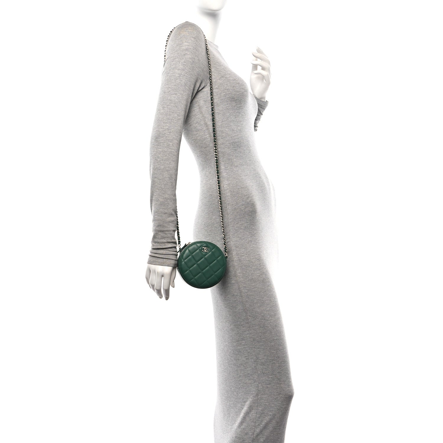 Lambskin Quilted Round Clutch With Chain Green