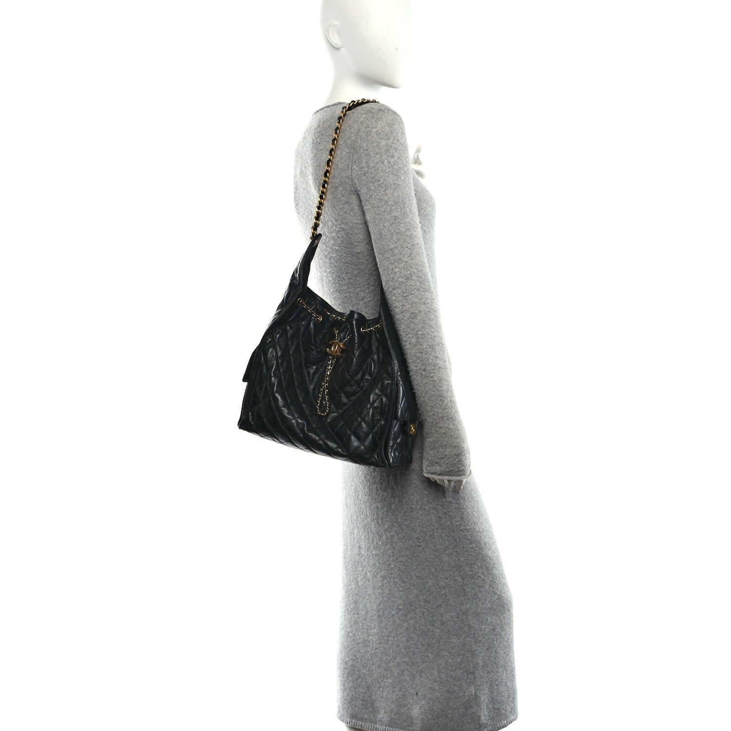 Shiny Crumpled Calfskin Quilted Medium Chanel 25 Handbag Black