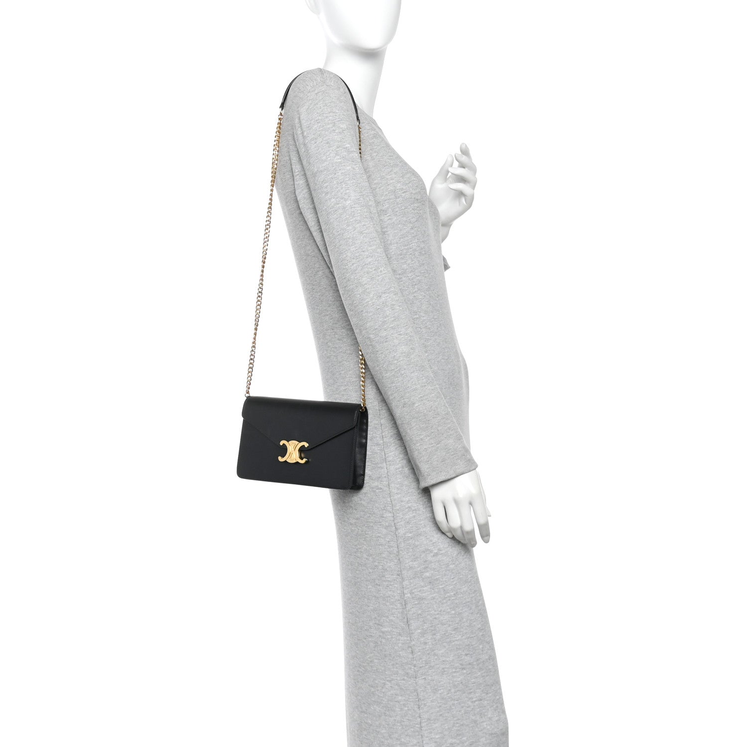 Shiny Calfskin Triomphe Margo Wallet on Chain Black