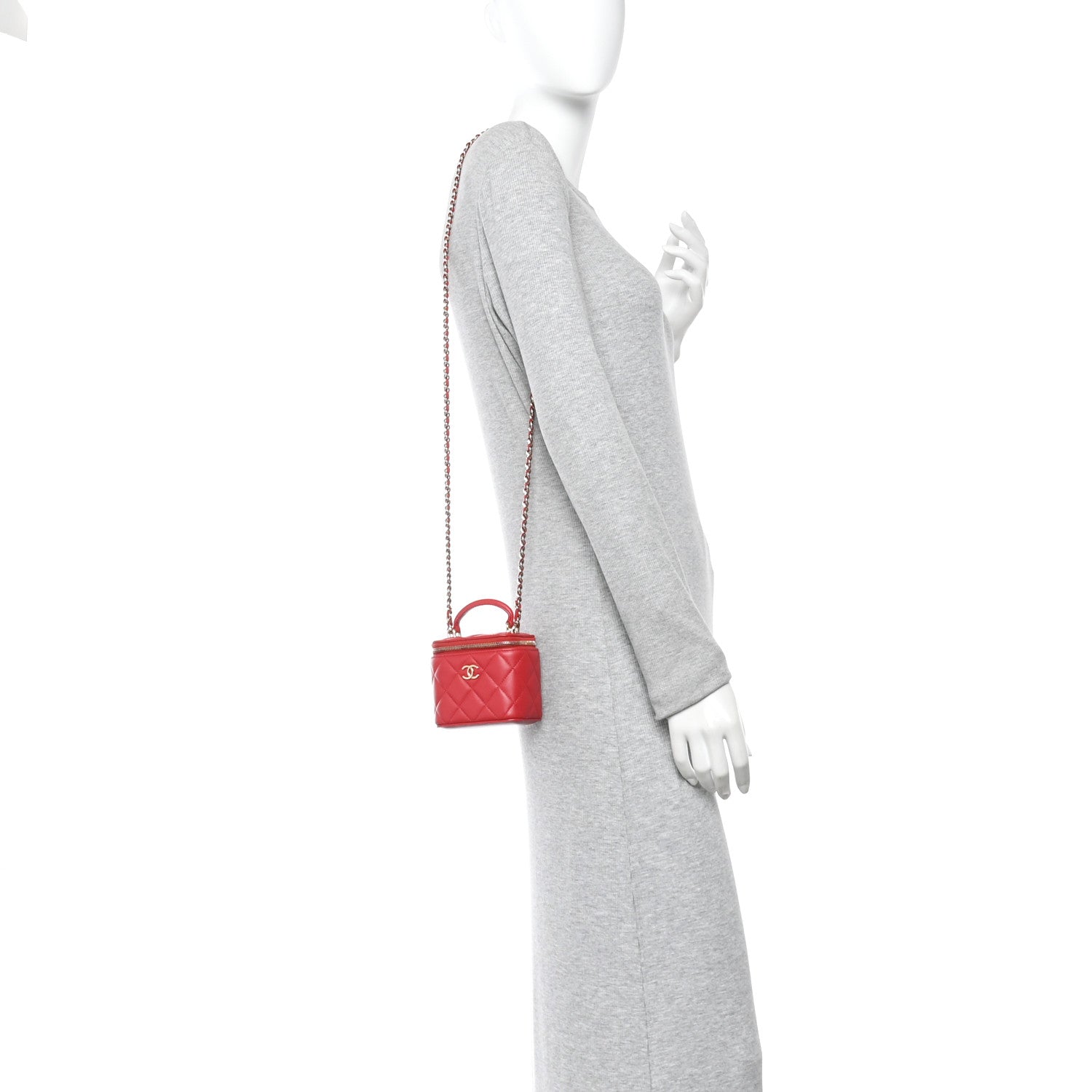 Lambskin Quilted Mini Top Handle Vanity Case With Chain Red