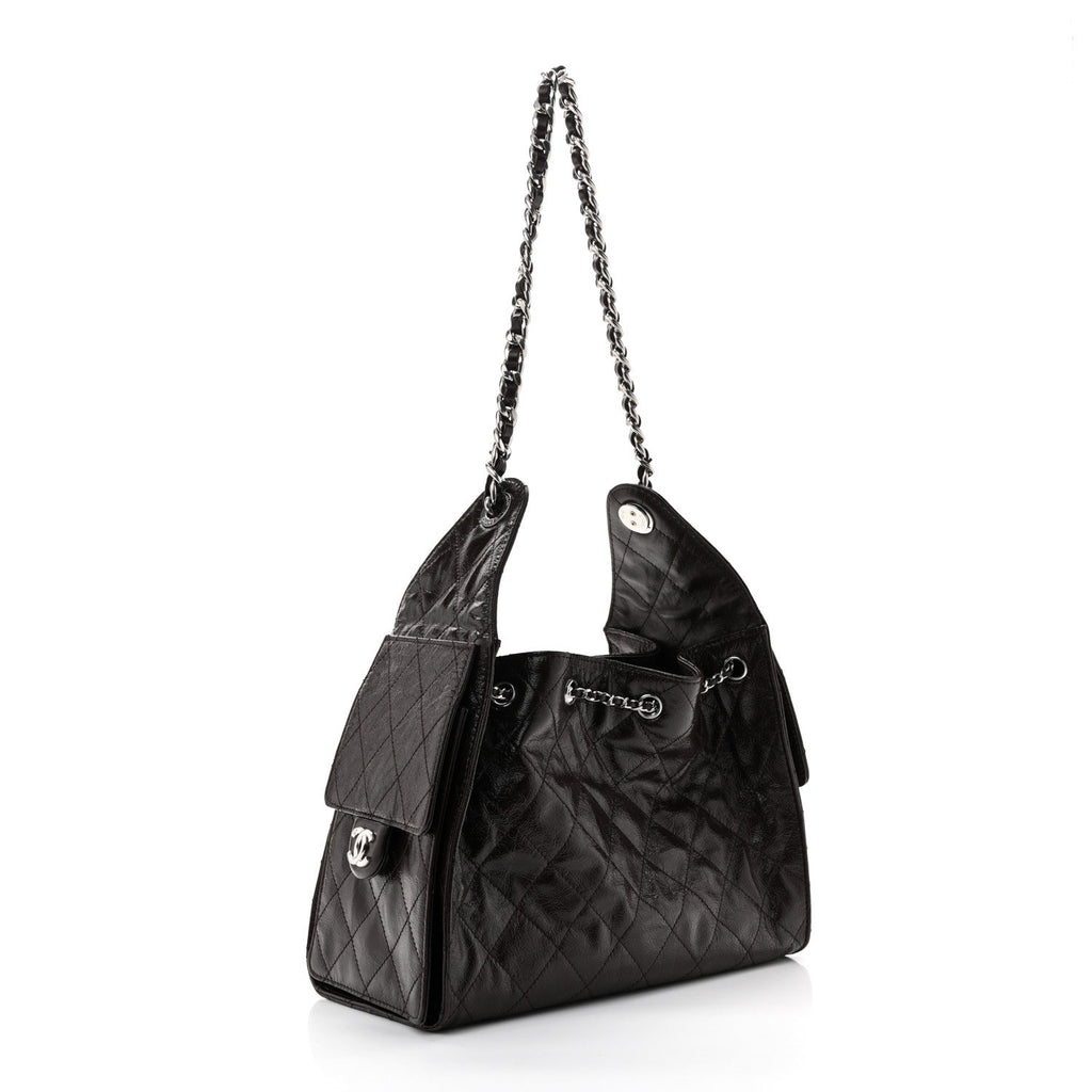 Shiny Crumpled Calfskin Quilted Small Chanel 25 Handbag Dark Brown