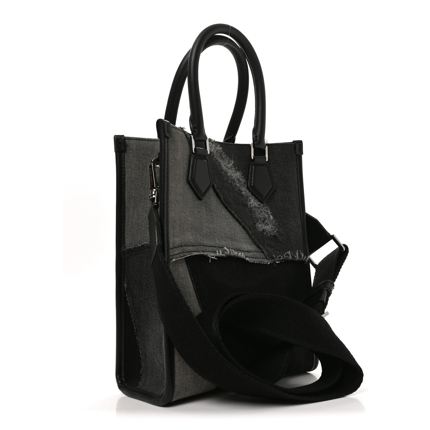 Denim Patchwork Small Logo Shopper Tote Black
