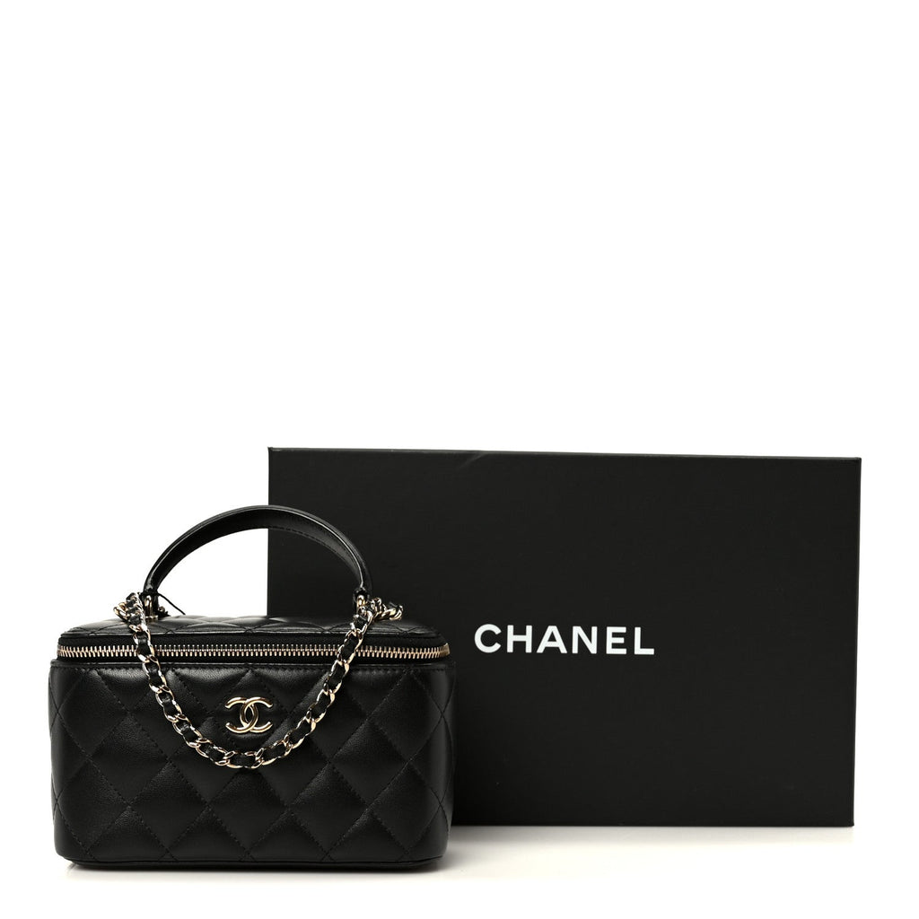 Lambskin Quilted Small Top Handle Vanity Case With Chain Black
